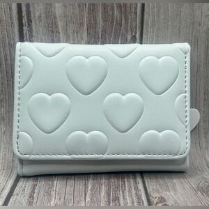 NWT Quilted Heart Light Blue Card Holder Compact Wallet w/ Charm Vegan Leather